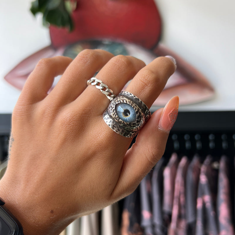 Thorns & Roses Hand Painted Blue Silver Eye Ring