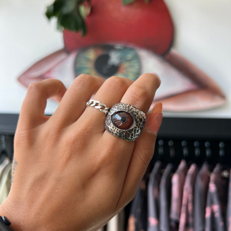 Thorns & Roses Hand Painted Brown Silver Eye Ring