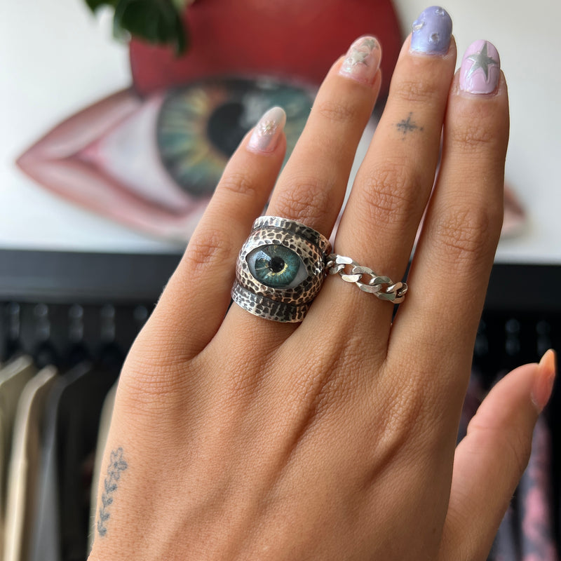 Thorns & Roses Hand Painted Blue Silver Eye Ring