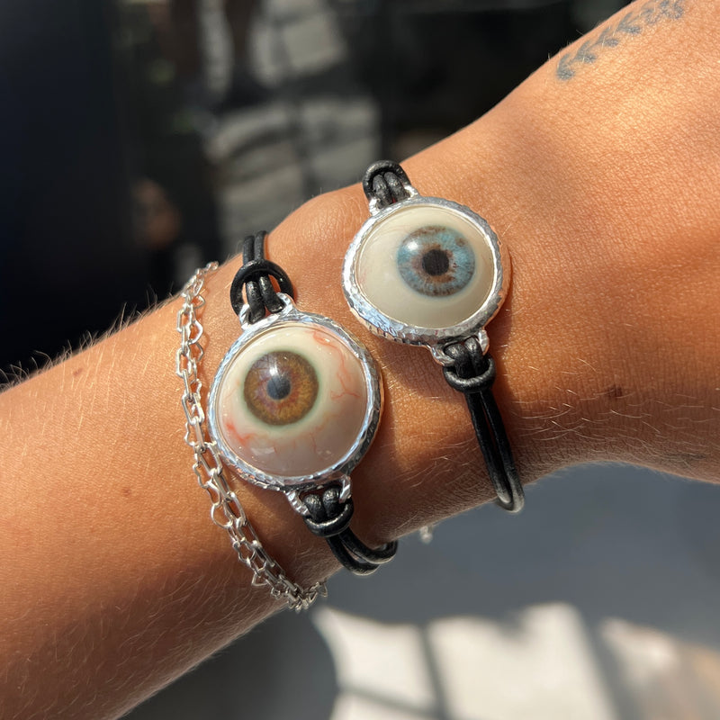 Hand Painted Blue Silver Leather Eye Bracelet