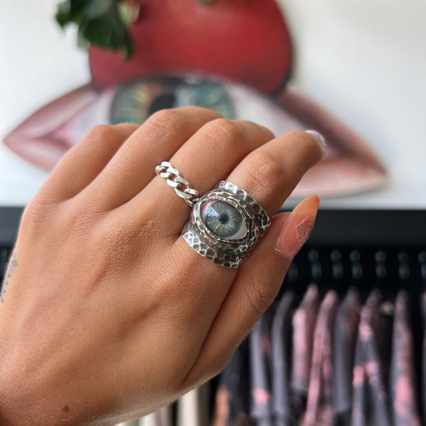 Thorns & Roses Hand Painted Blue Silver Eye Ring