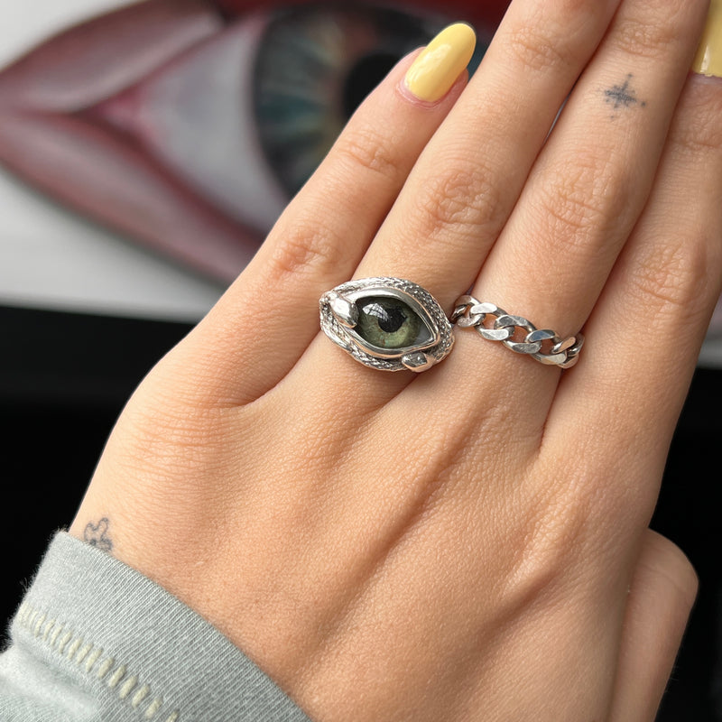 Hand Painted Green Ojo De Medusa Small Eye Ring