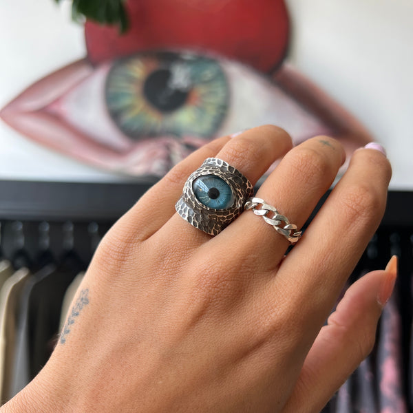 Thorns & Roses Hand Painted Blue Silver Eye Ring