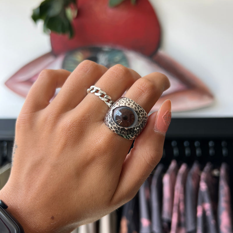 Thorns & Roses Hand Painted Brown Silver Eye Ring