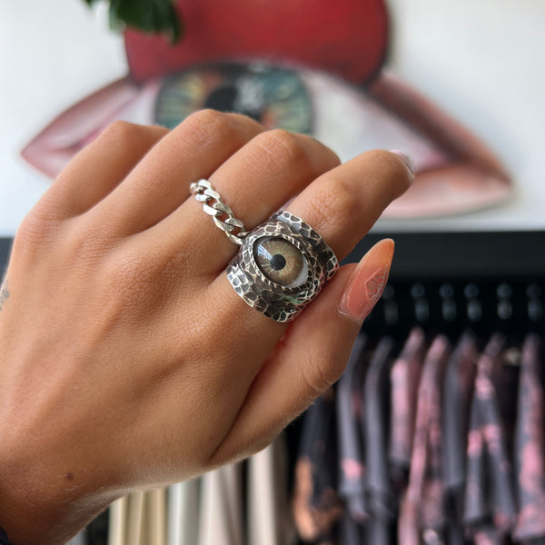 Thorns & Roses Hand Painted Brown Silver Eye Ring