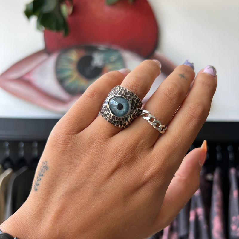 Thorns & Roses Hand Painted Blue Silver Eye Ring