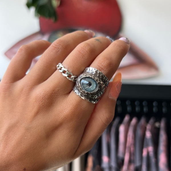 Thorns & Roses Hand Painted Blue Silver Eye Ring