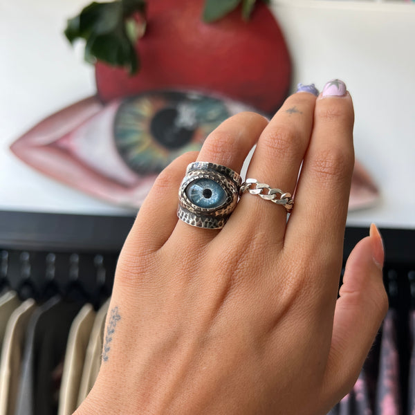 Thorns & Roses Hand Painted Blue Silver Eye Ring