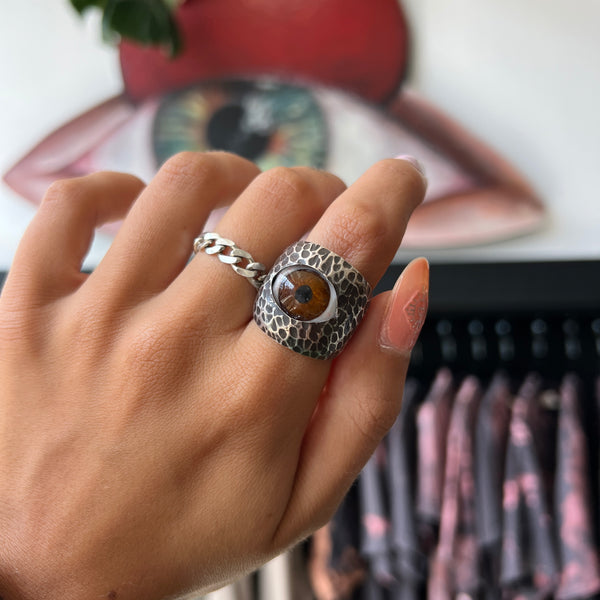 Thorns & Roses Hand Painted Brown Silver Eye Ring