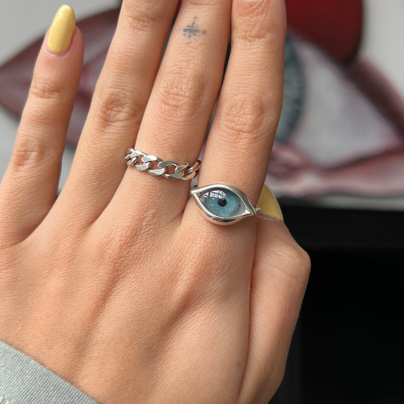 Hand Painted Blue Silver Mini Dali Eye Ring