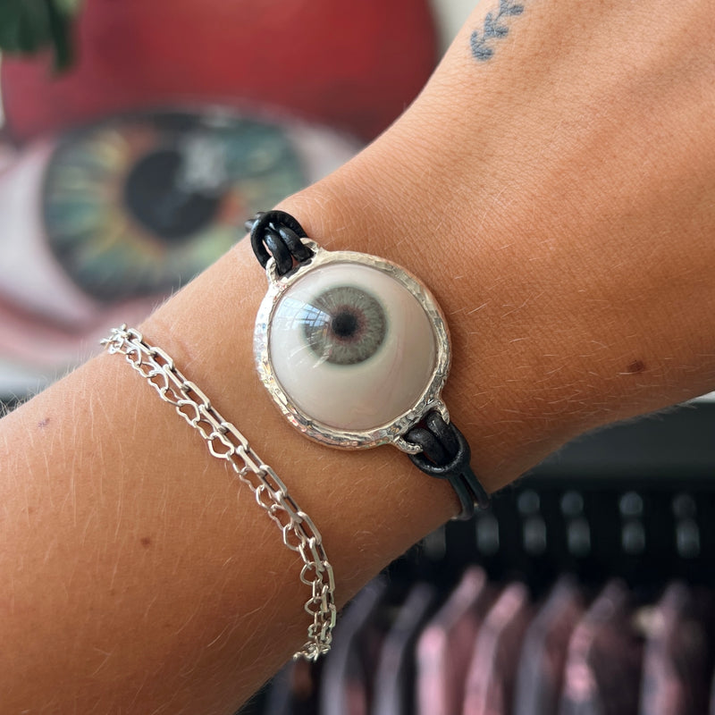 Hand Painted Blue Hazel Silver Leather Eye Bracelet