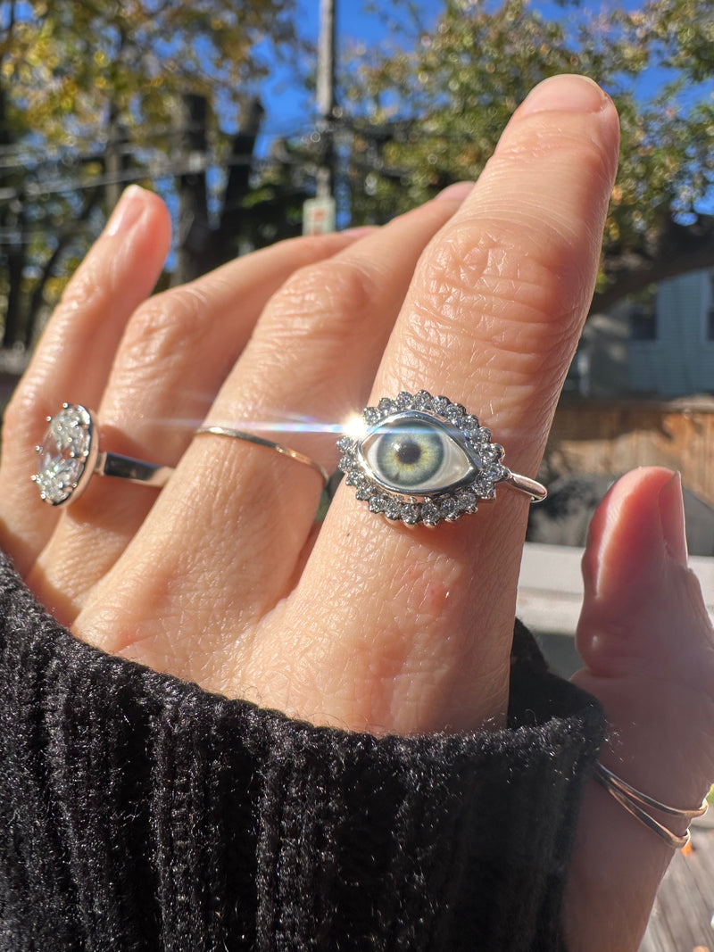 Mini Eye Ring with Moissanite Halo - sz 6.5