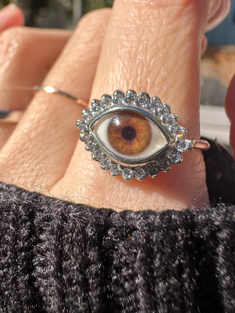 Mini Eye Ring with Moissanite Halo - sz 9.25