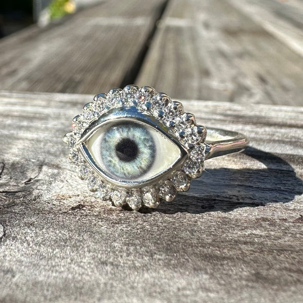 Mini Eye Ring with Moissanite Halo - sz 8.25