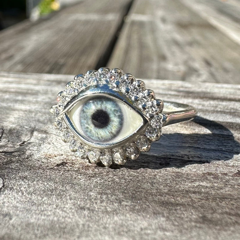 Mini Eye Ring with Moissanite Halo - sz 8.25
