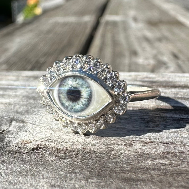 Mini Eye Ring with Moissanite Halo - sz 8