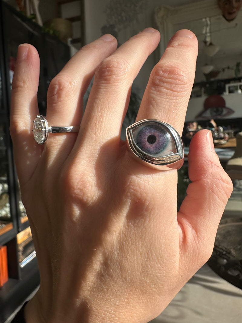 CLassic Hand Painted Blue Silver Eye Ring - Sz 13.5