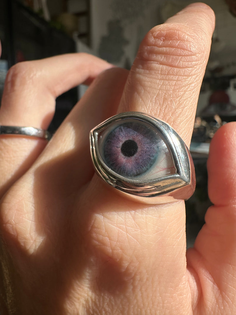 CLassic Hand Painted Blue Silver Eye Ring - Sz 13.5