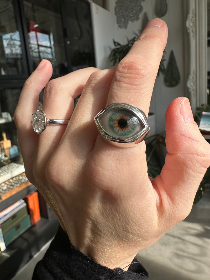 CLassic Hand Painted Blue Silver Eye Ring - Sz 8.25