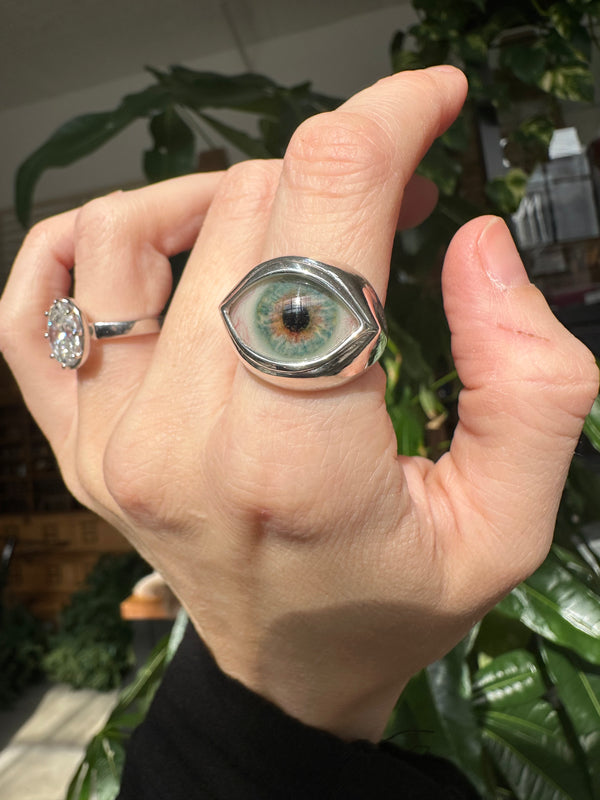 CLassic Hand Painted Blue Silver Eye Ring - Sz 8.25