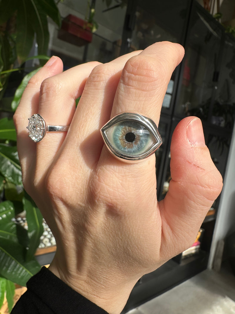 Classic Hand Painted Blue Silver Eye Ring - Sz 8