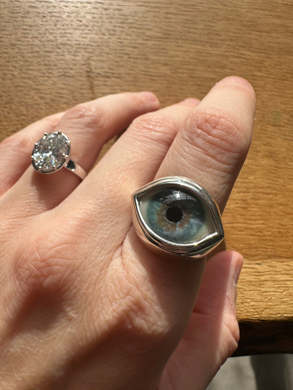 Classic Hand Painted Blue Silver Eye Ring - Sz 8