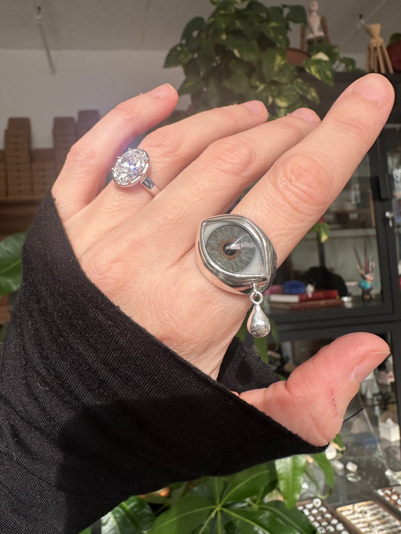 Crying Classic Hand Painted Blue Silver Eye Ring - Sz 8.75