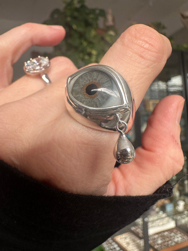 Crying Classic Hand Painted Blue Silver Eye Ring - Sz 8.75