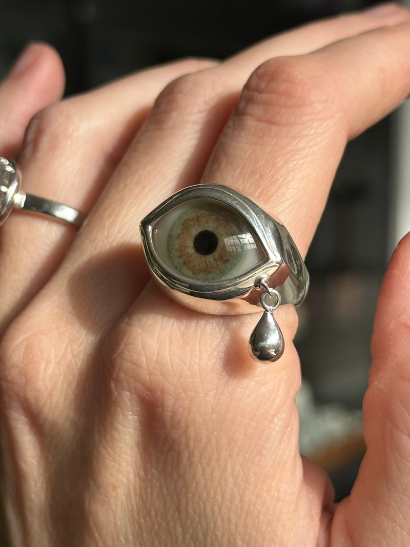 Crying Classic Hand Painted Blue Silver Eye Ring - Sz 10.75