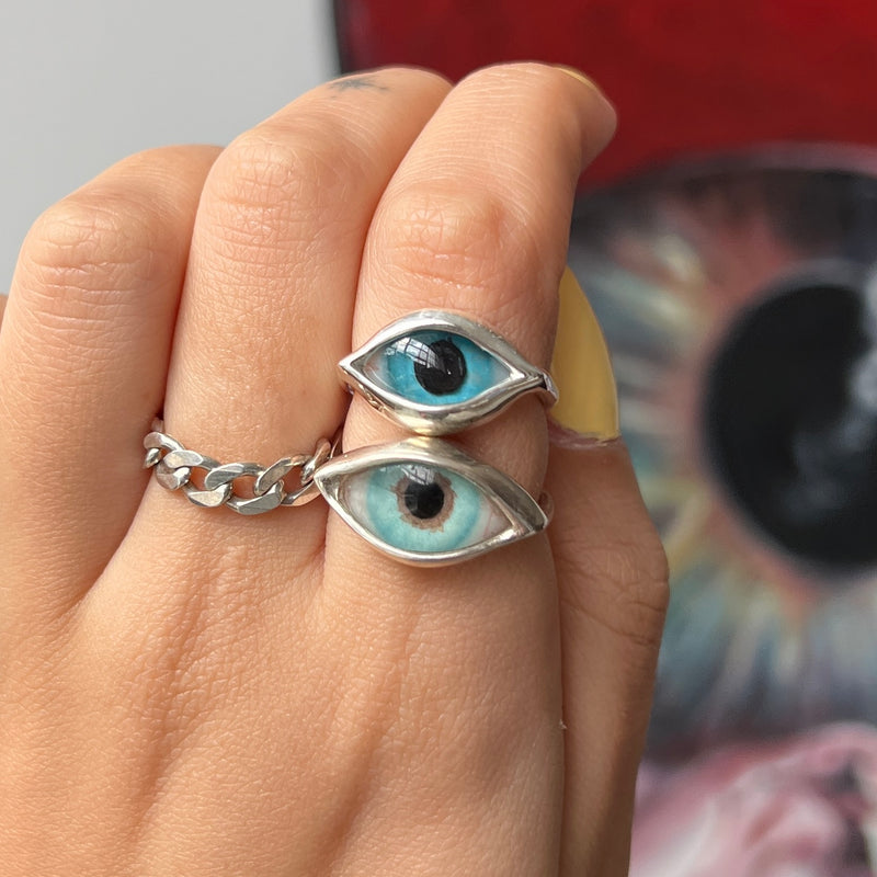 Hand Painted Blue Silver Mini Dali Eye Ring