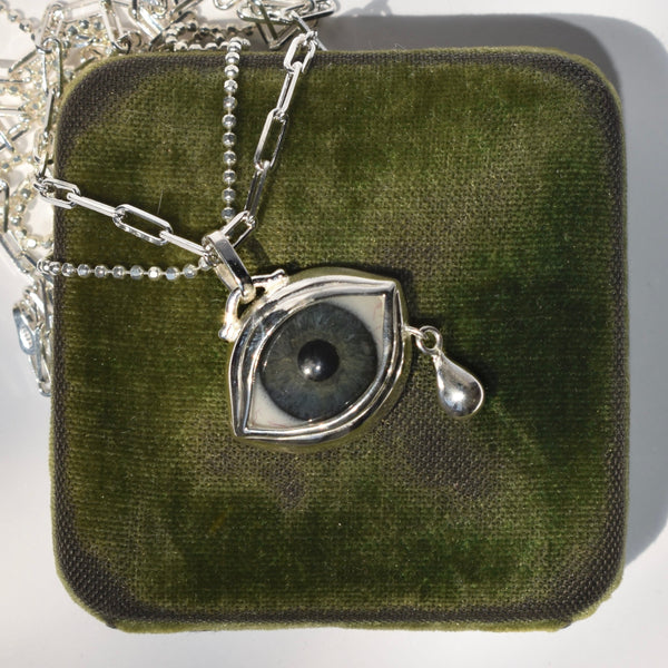 Crying Blue gray Silver Eye Pendant