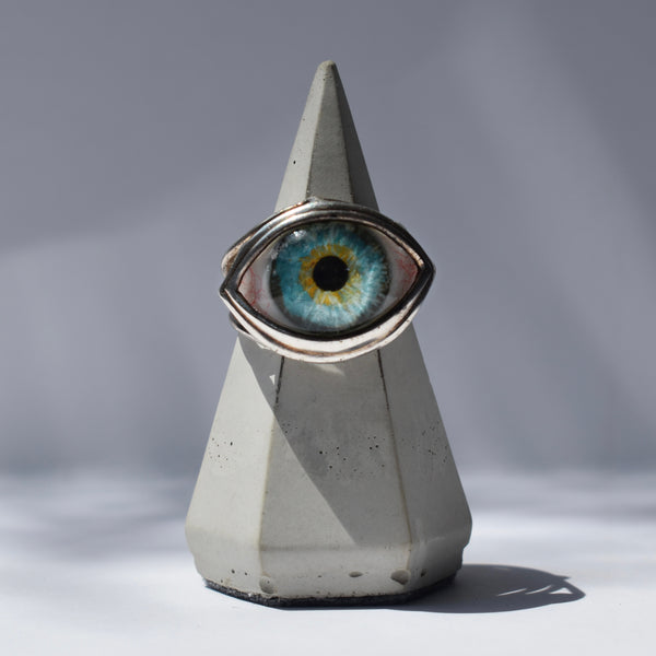 Hand Painted Blue Silver Skeleton Eye Ring