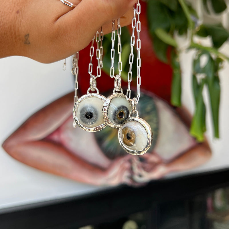 Hand Painted Brown Hammered Silver Eye Pendant