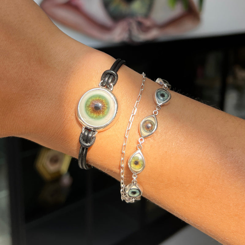 Hand Painted Hazel Silver Leather Eye Bracelet