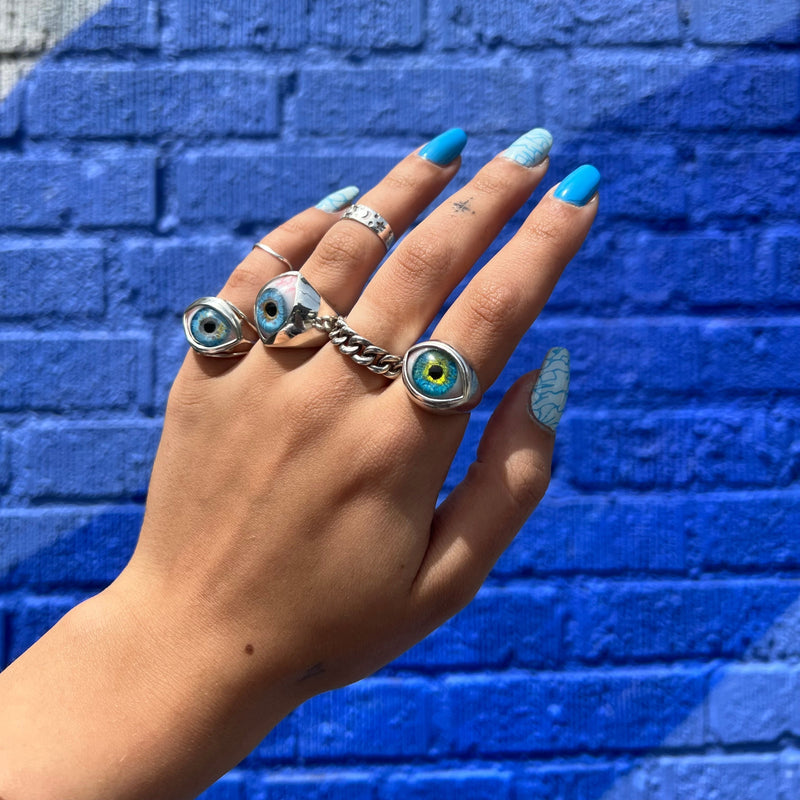 Hand Painted Bright Blue Silver Skeleton Eye Ring