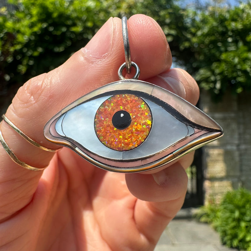 Silver Inlay Large Orange opal Protective Eye Pendant