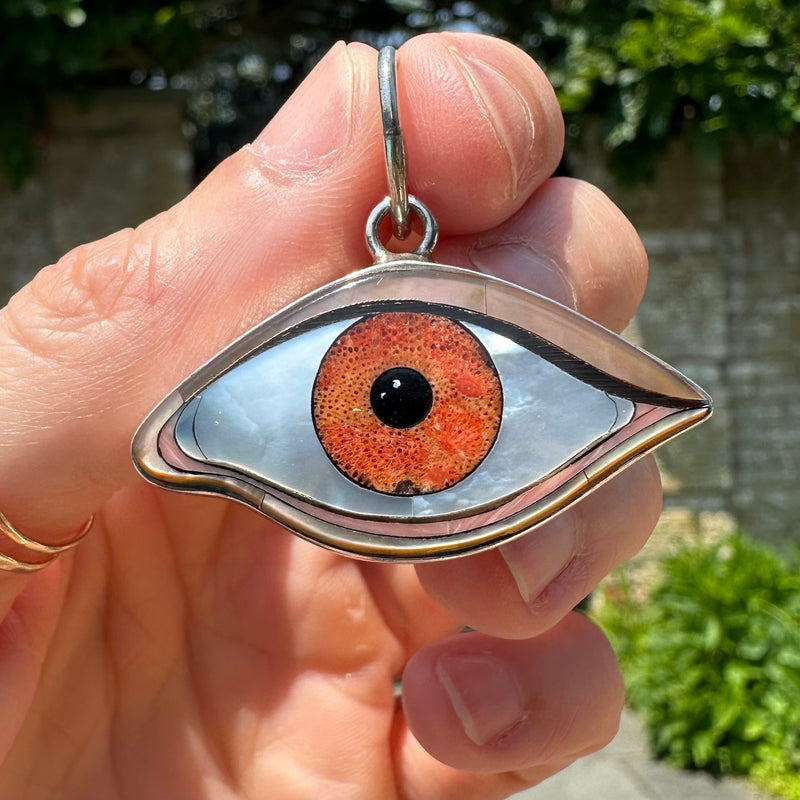 Silver Inlay Large Orange Protective Eye Pendant