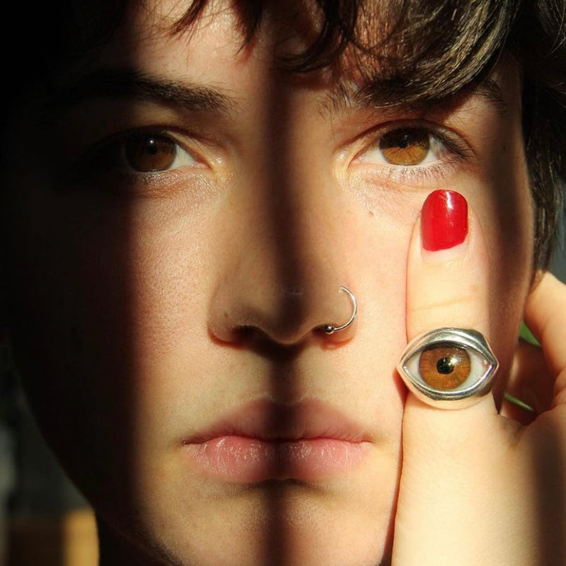 Green Silver Classic Glass Eye Ring