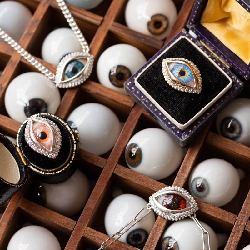 Hand Painted Red Silver Dali Eye Necklace with Moissanite Halo