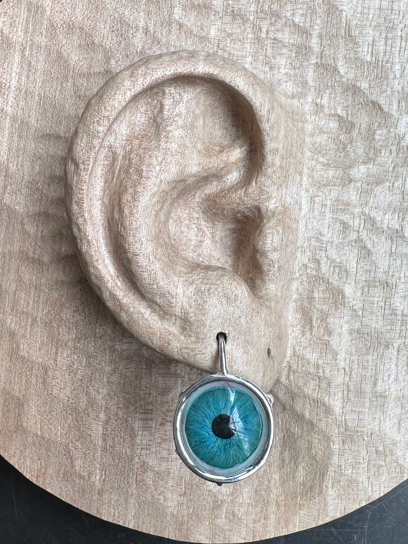 Bubble teal Silver hand painted Hanging Eye Earring