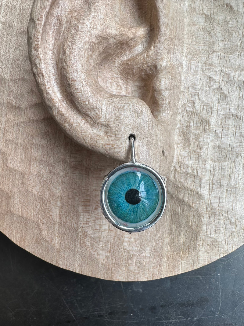 Bubble teal Silver hand painted Hanging Eye Earring