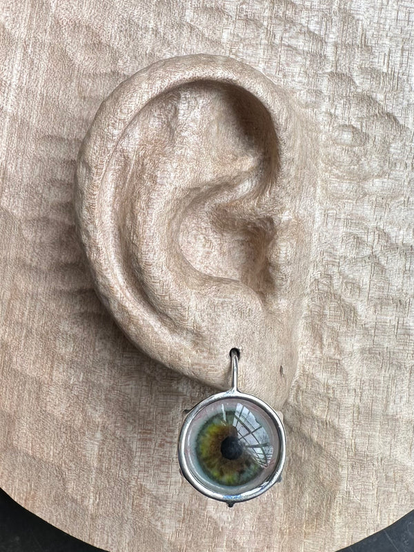 Bubble green hazel Silver hand painted Hanging Eye Earring