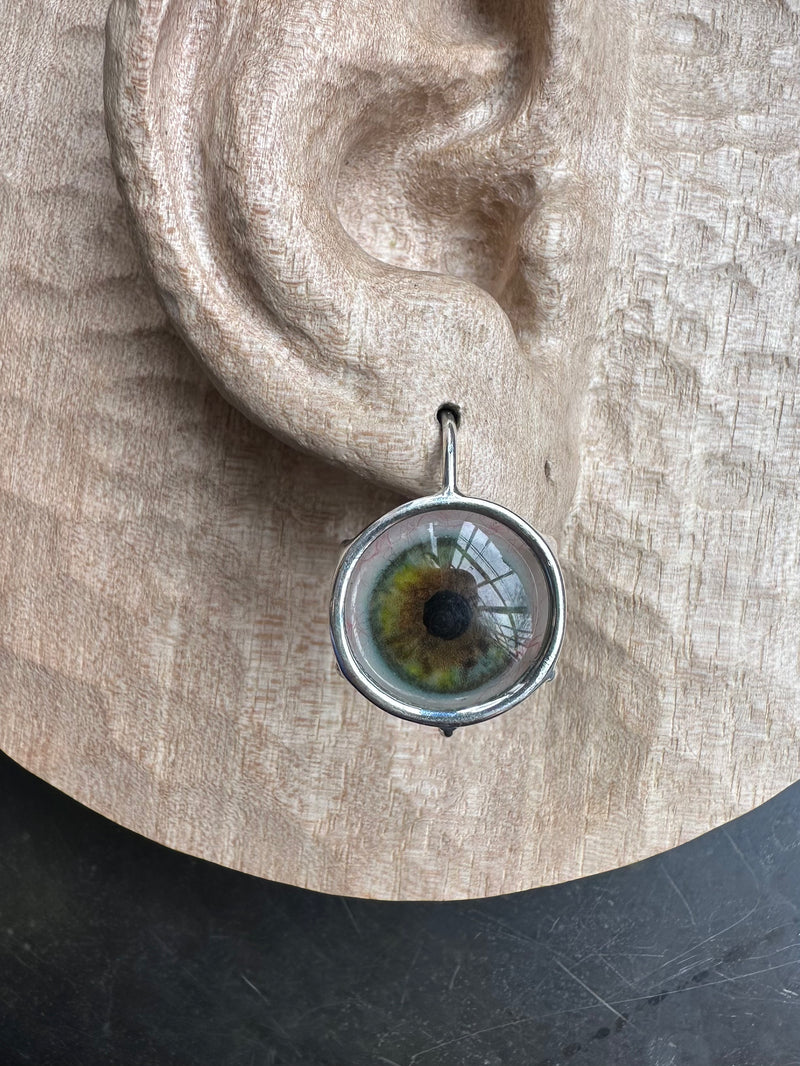 Bubble green hazel Silver hand painted Hanging Eye Earring