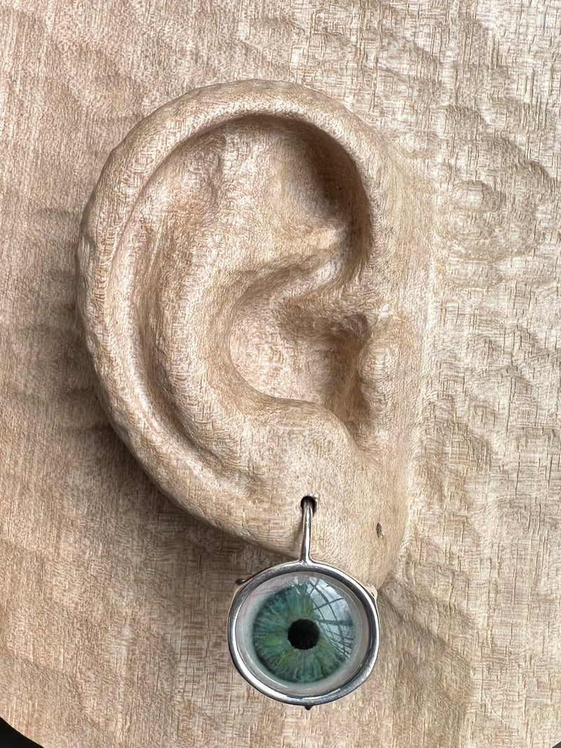 Bubble teal green Silver hand painted Hanging Eye Earring