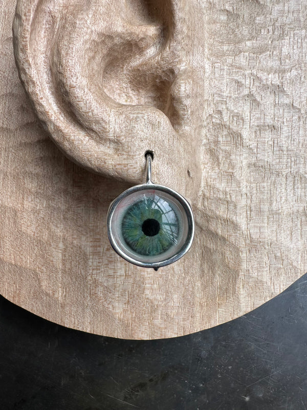 Bubble teal green Silver hand painted Hanging Eye Earring