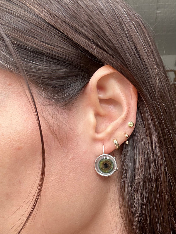 Bubble teal green Silver hand painted Hanging Eye Earring