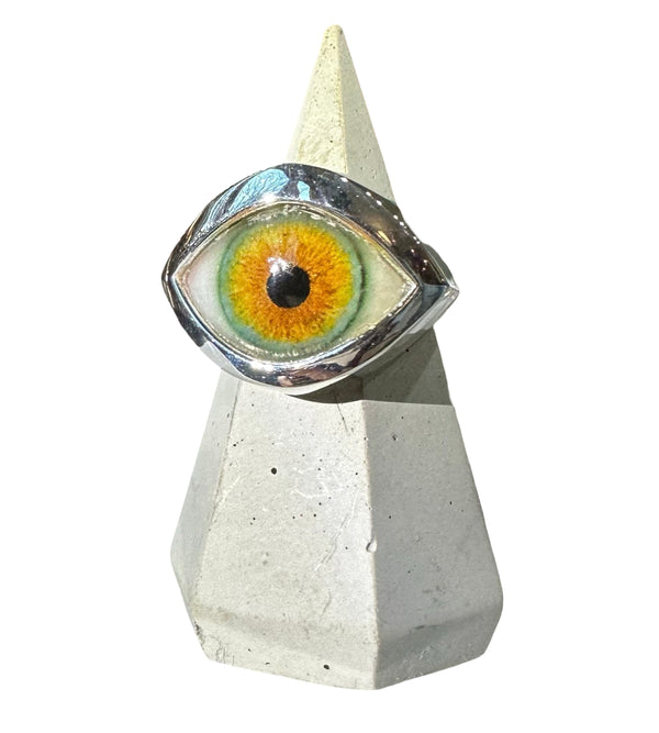 Hand Painted bright orange and green Silver Eye Ring