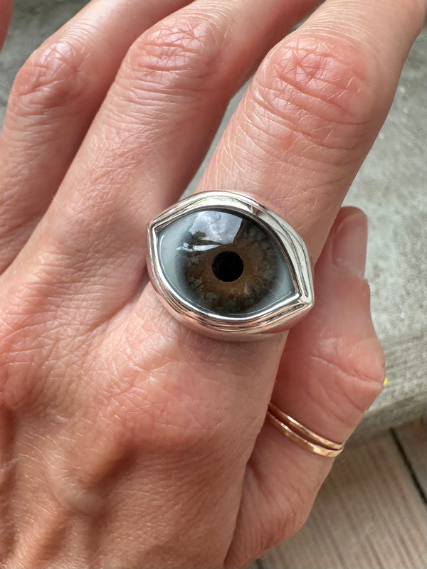 Dark Brown Hazel Silver Classic Eye Ring