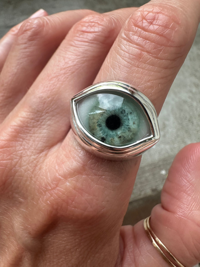 Light Blue teal Silver Classic Eye Ring