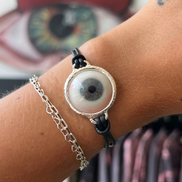 Hand Painted Blue Silver Leather Eye Bracelet